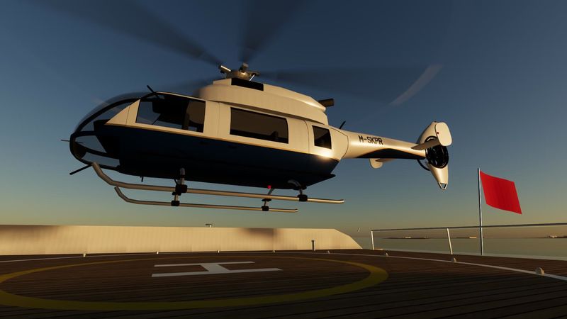 The yacht's helicopter lifting off the helideck at golden hour, in Yacht Skipper