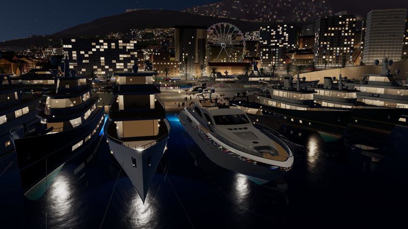 Yachts moored stern-to in Port Hercule, Monaco, at night, in Yacht Skipper