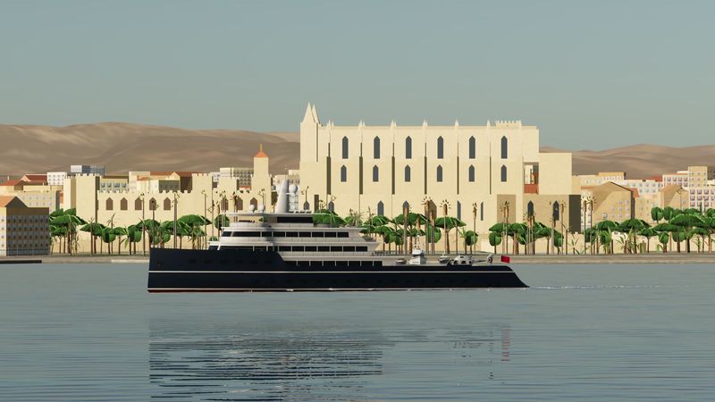 A superyacht in front of the cathedral in Palma de Mallorca, in Yacht Skipper