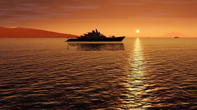 A superyacht on an open sea at sunset, in Yacht Skipper