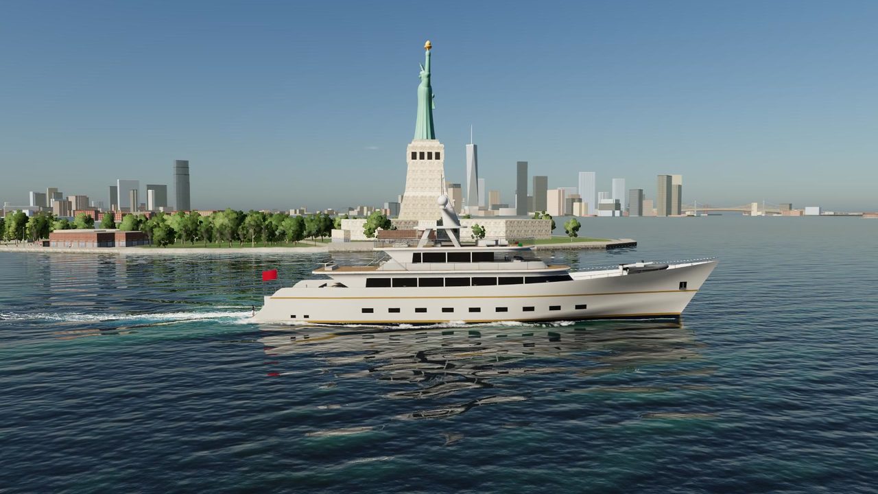 A superyacht in front of the Statue of Liberty, from the Yacht Skipper trailer