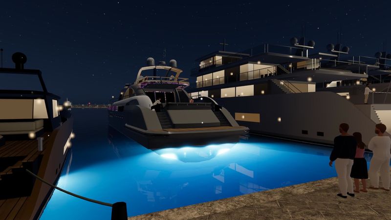 Guests on the quay as a yacht comes in with her underwater lights on, in Yacht Skipper